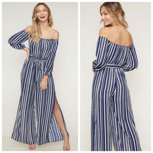 Navy & White Striped off the Shoulder Jumpsuit